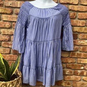 FREE PEOPLE DUSTY BLUE TASSLES RUFFLES TUNIC TOP DRESS BOHO HIPPIE EMBROIDERED
